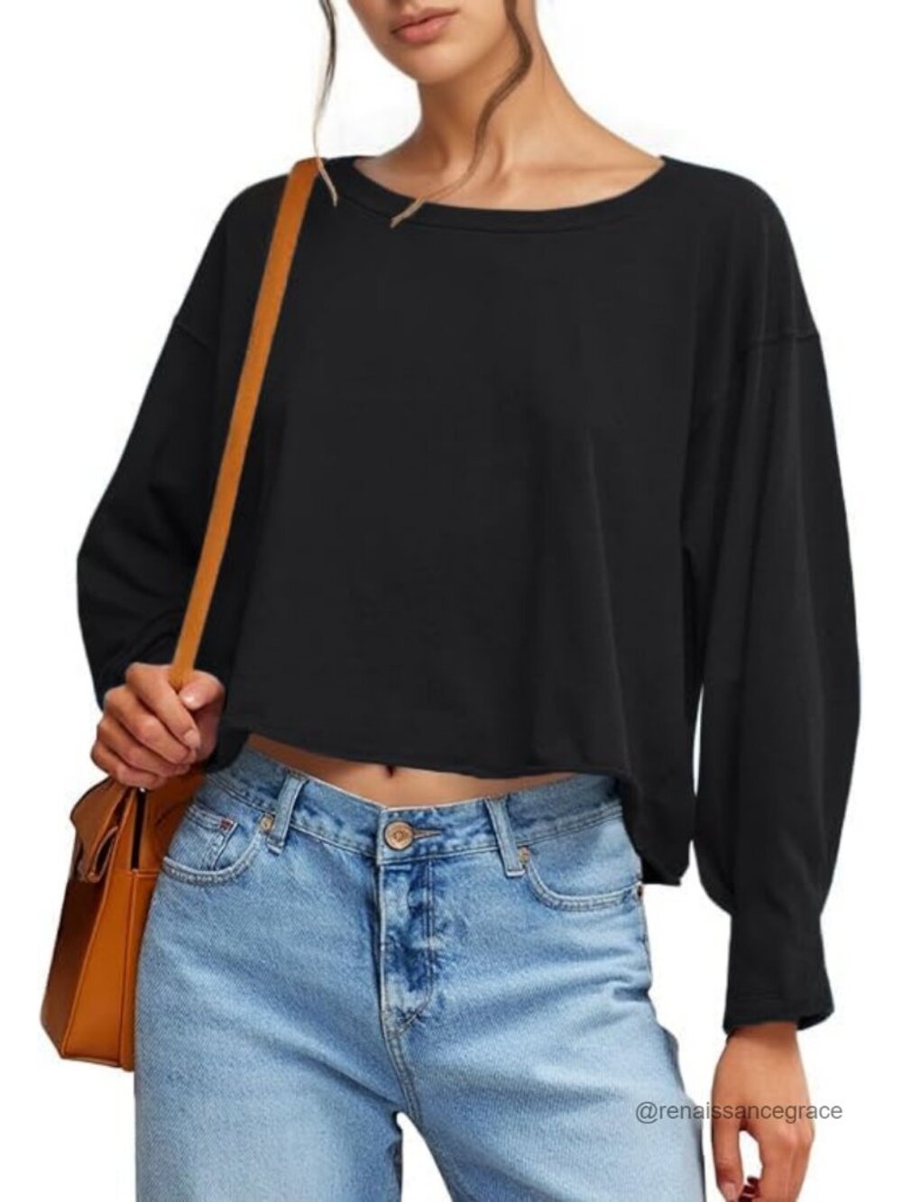 Oversized Long Sleeve Crop Top Loose Fit Crew Neck T-Shirt